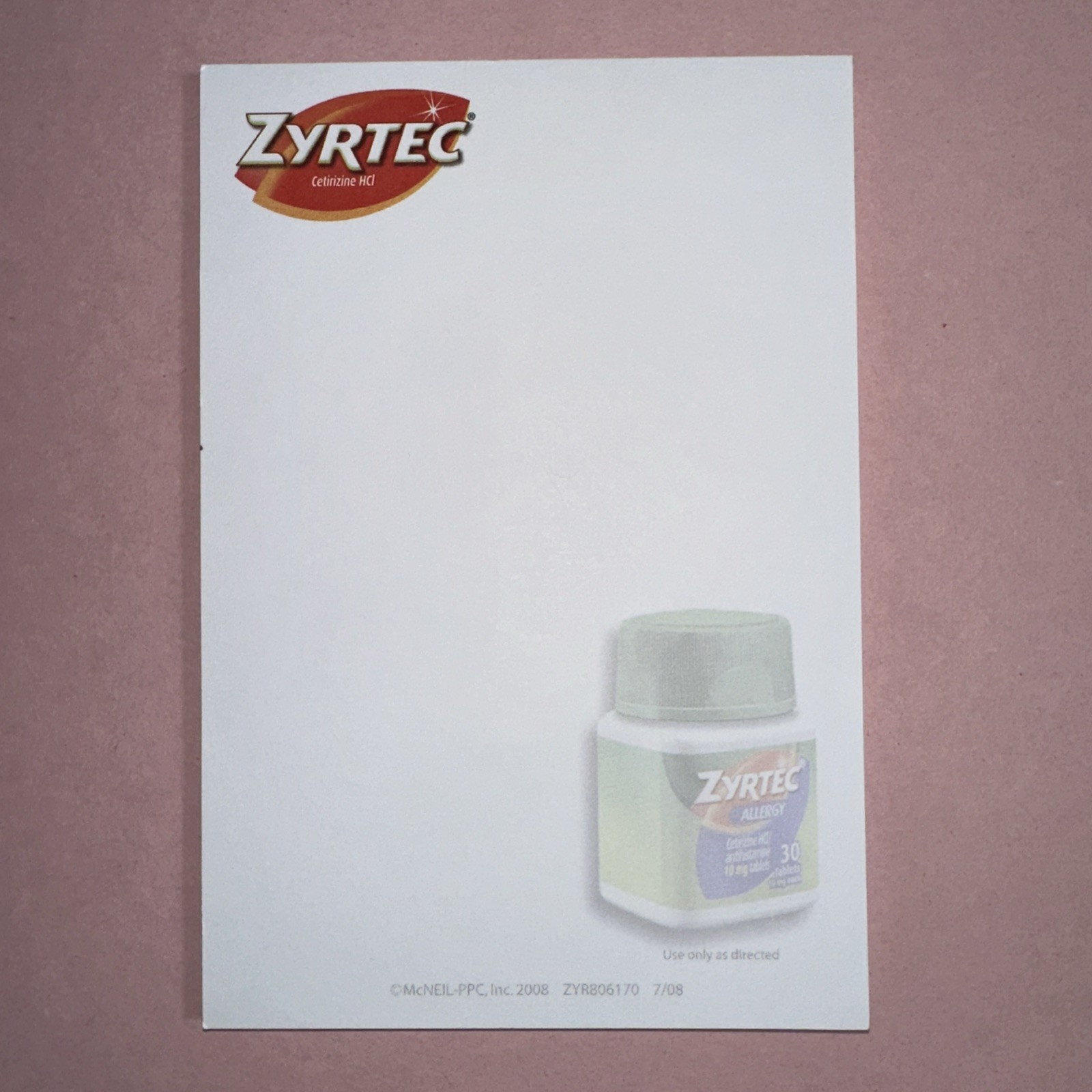 Rare ZYRTEC Post-It Note Pad 4×6 Sticky Drug Rep Promo Pharma Advertising