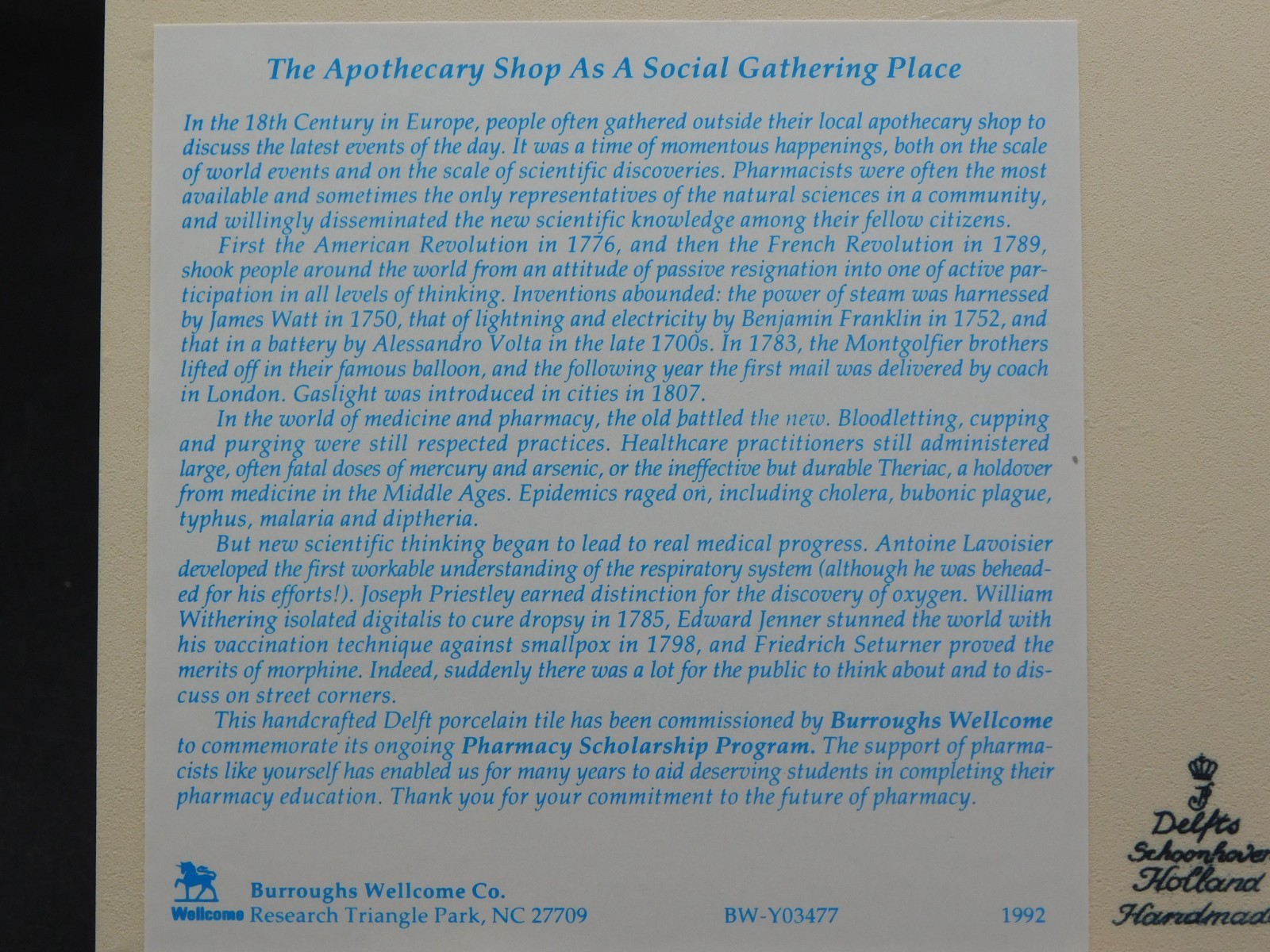 Delft Porcelain Pill Tile Burroughs Wellcome Co. Pharmacy Scholarship Apothecary