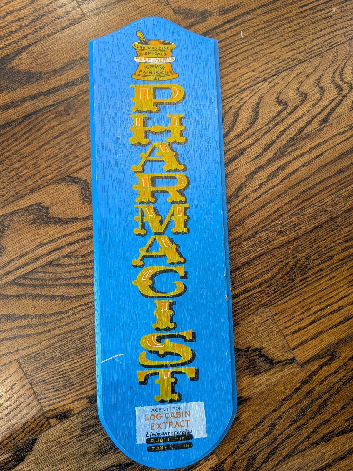 Vtg 1970 PHARMACIST Blue Wood Sign Plaque Viking Handmade Japan Original Label