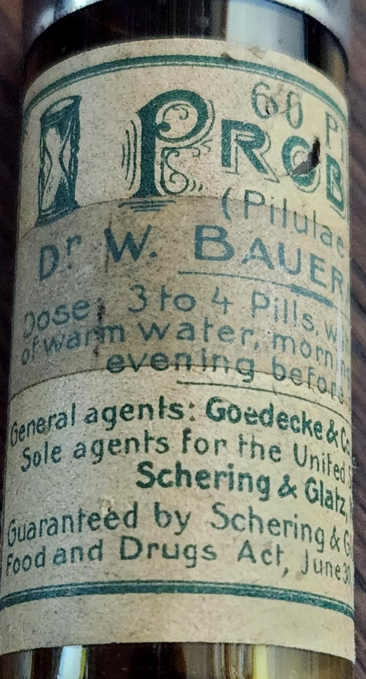 Antique Medical Quack Dr. Bauermeister PROBILIN 60 Pills Amber Bottle Empty