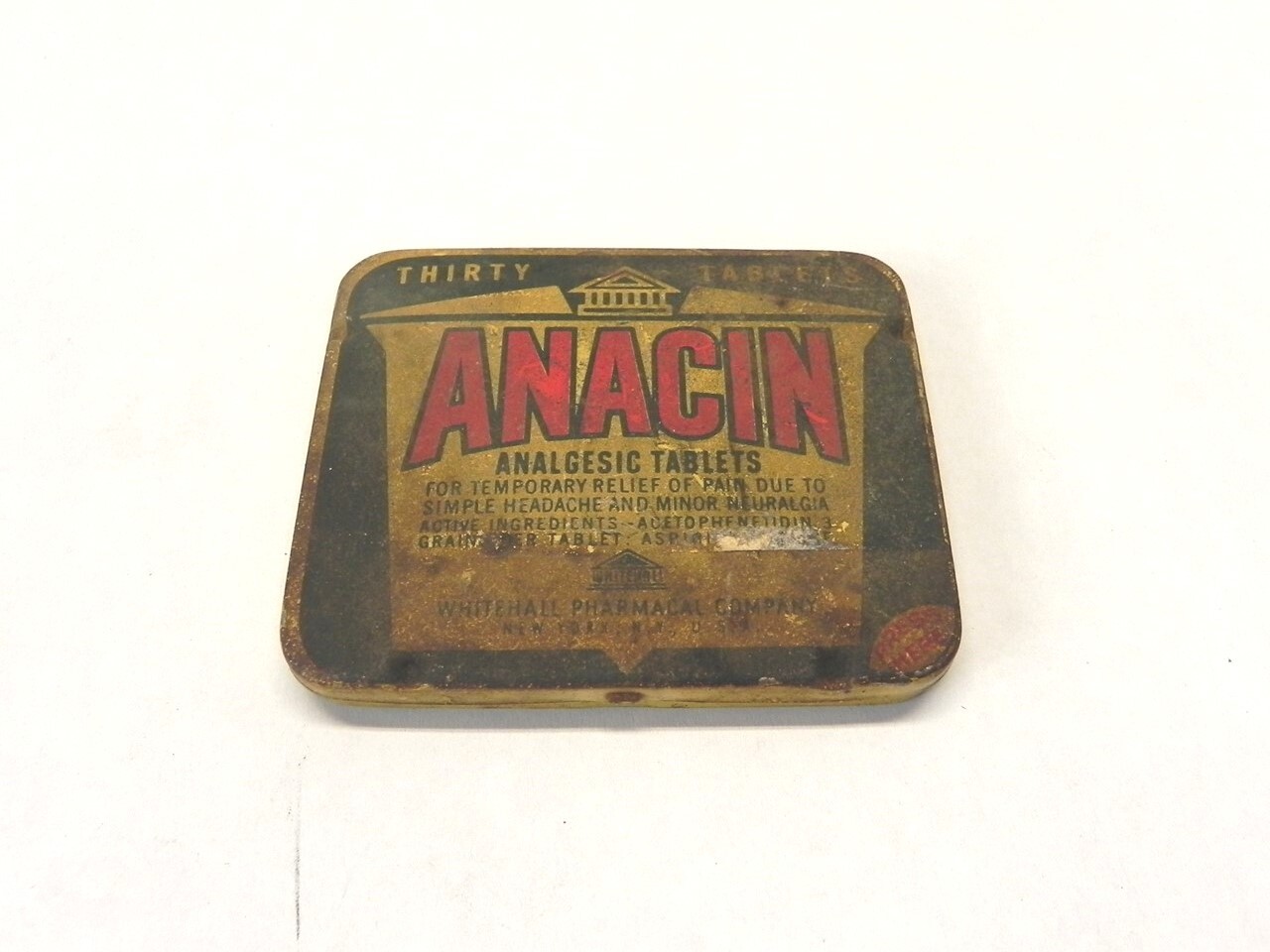 VINTAGE WHITEHALL PHARMACAL CO. ANACIN TABLETS YELLOW EMPTY TIN NO TABLETS USED
