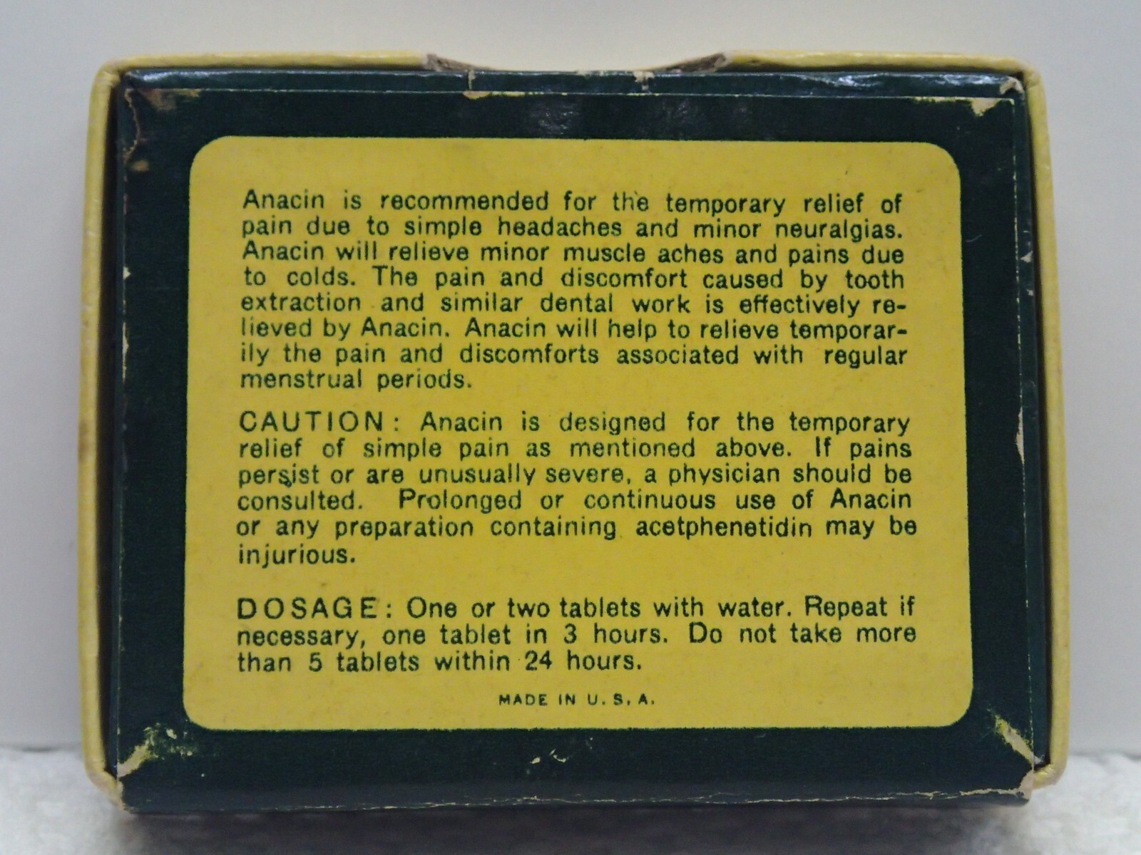 Vintage Anacin 12 Tablets Headache Cardboard Medicine Box Jersey City N.J.