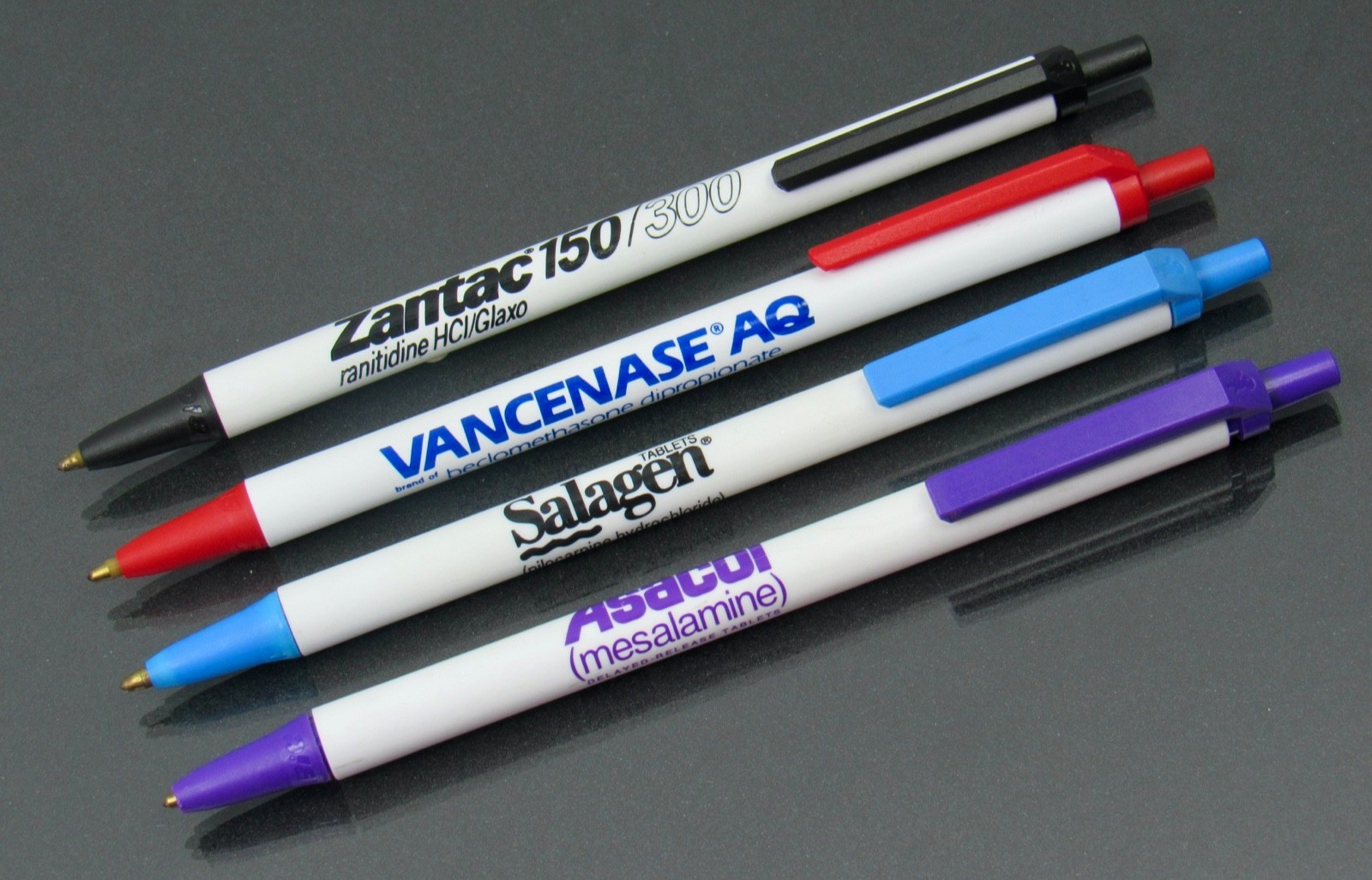 Lot of 4 BIC PENS Drug Rep Pharmaceutical Promo Asacol Salagen Vancenase Zantac