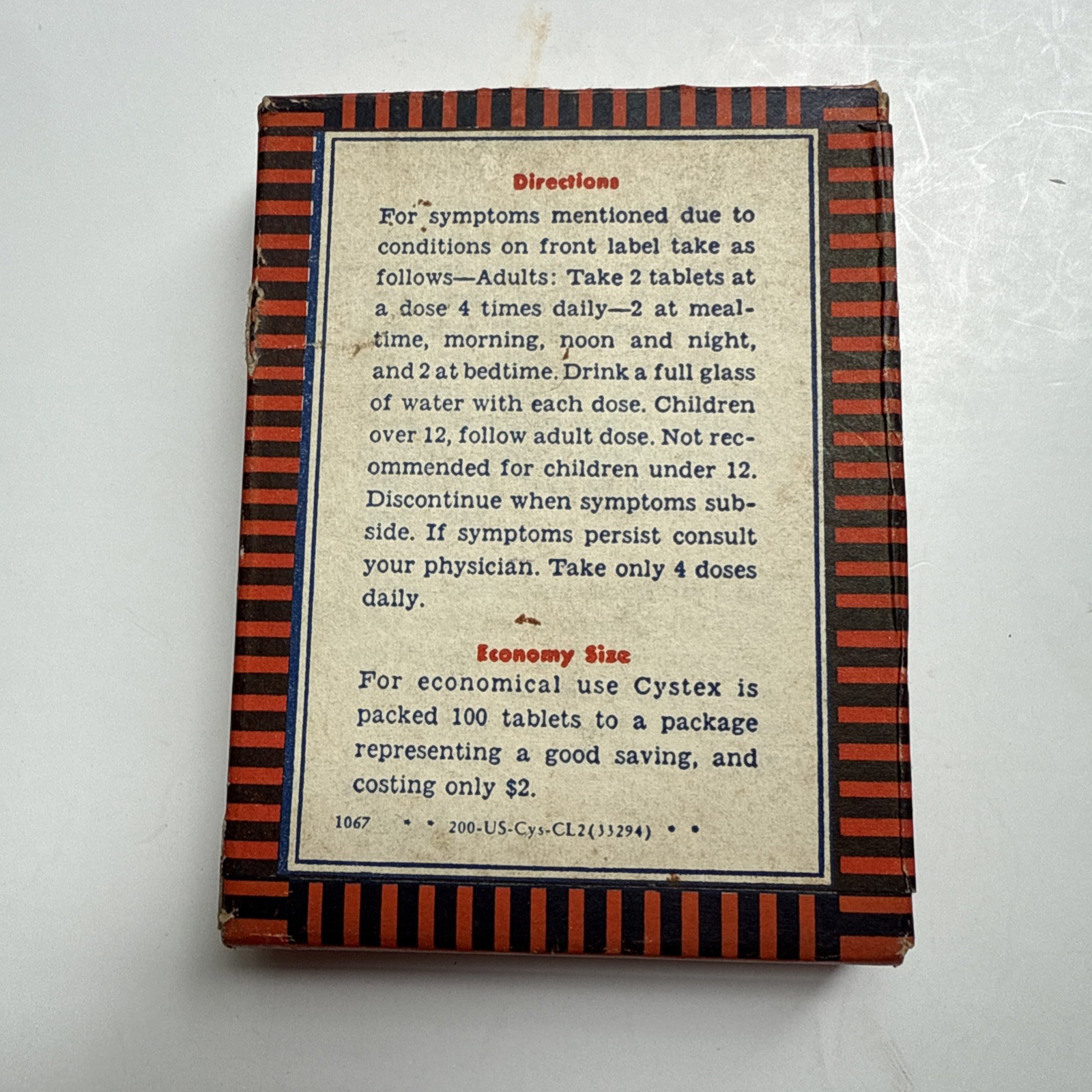 Vintage Cystex Pharmaceutical Pills Box Knox Co. CA $2 size 100 tablets – empty