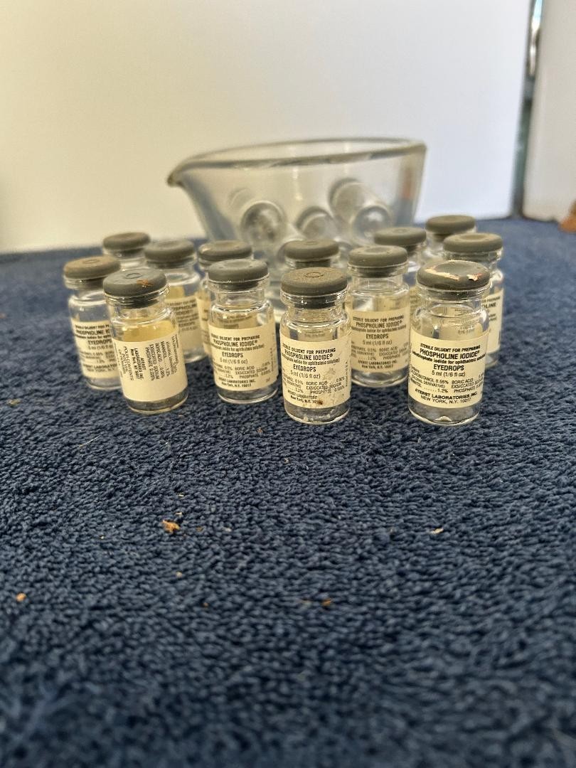17 Phospholine Iodide Eye Drops glass Dessicant bottles & Rx glass mortar EMPTY