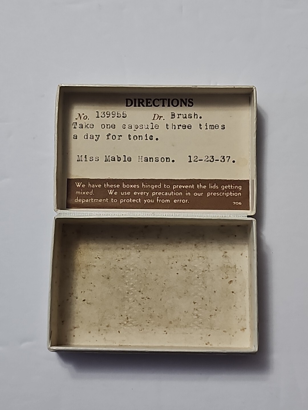 Vintage 1937 Cardboard Paper Pharmacy Prescription Drug Pill Box Browns Yakima