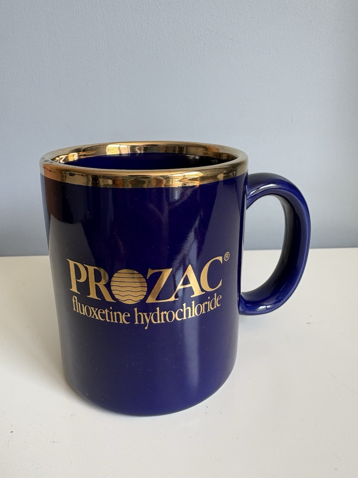Vintage PROZAC Fluoxetine Hydrochloride Blue & Gold Pharmaceutical Coffee Mug