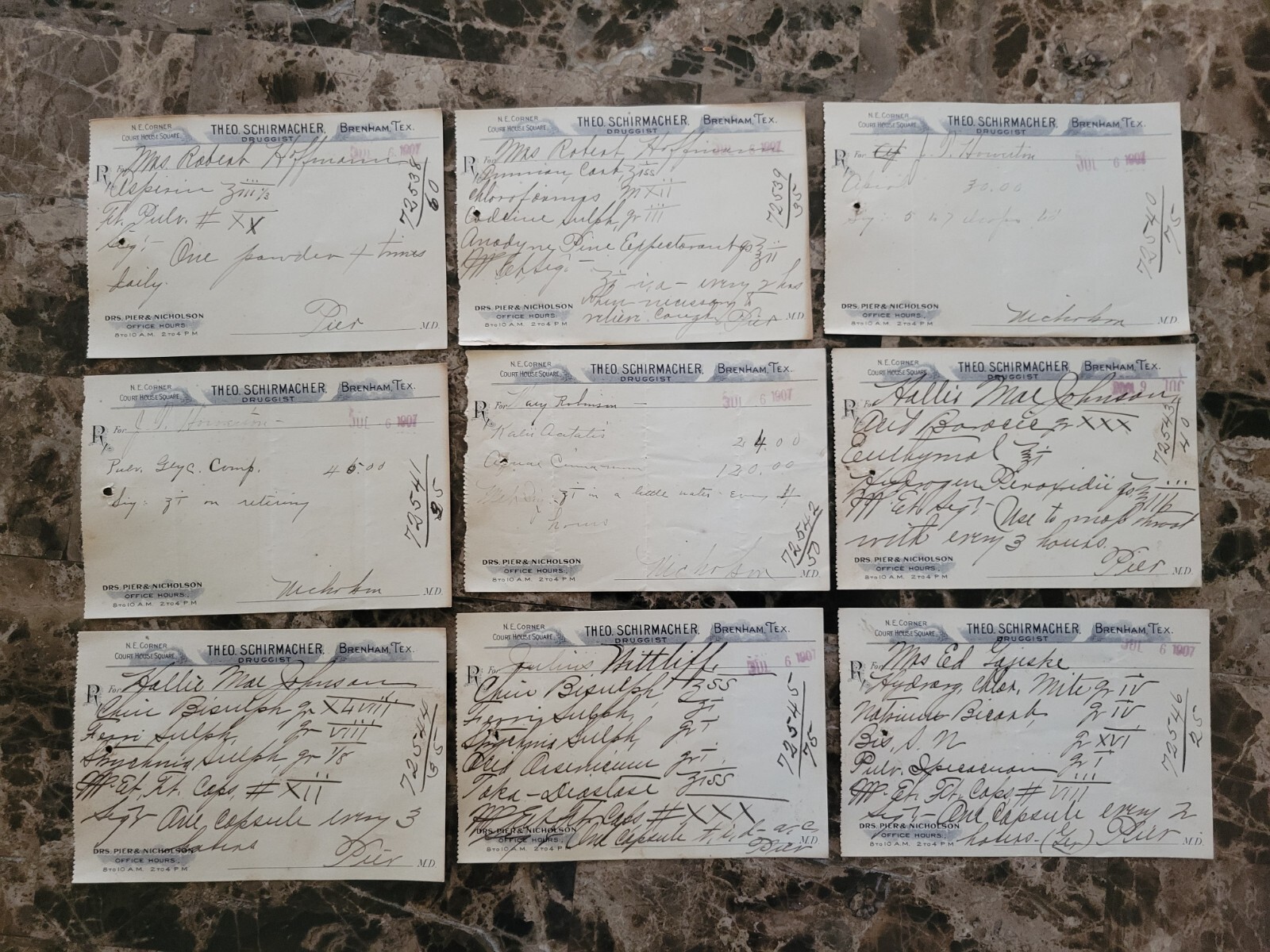 File box & 98 antique prescriptions (1907) – Opium, Ergot, Codeine & Anodyne
