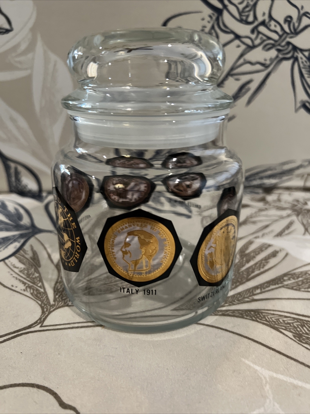 RARE Vintage Gold & Black Apothecary Jelly Bean Jar “Coins Around the World”
