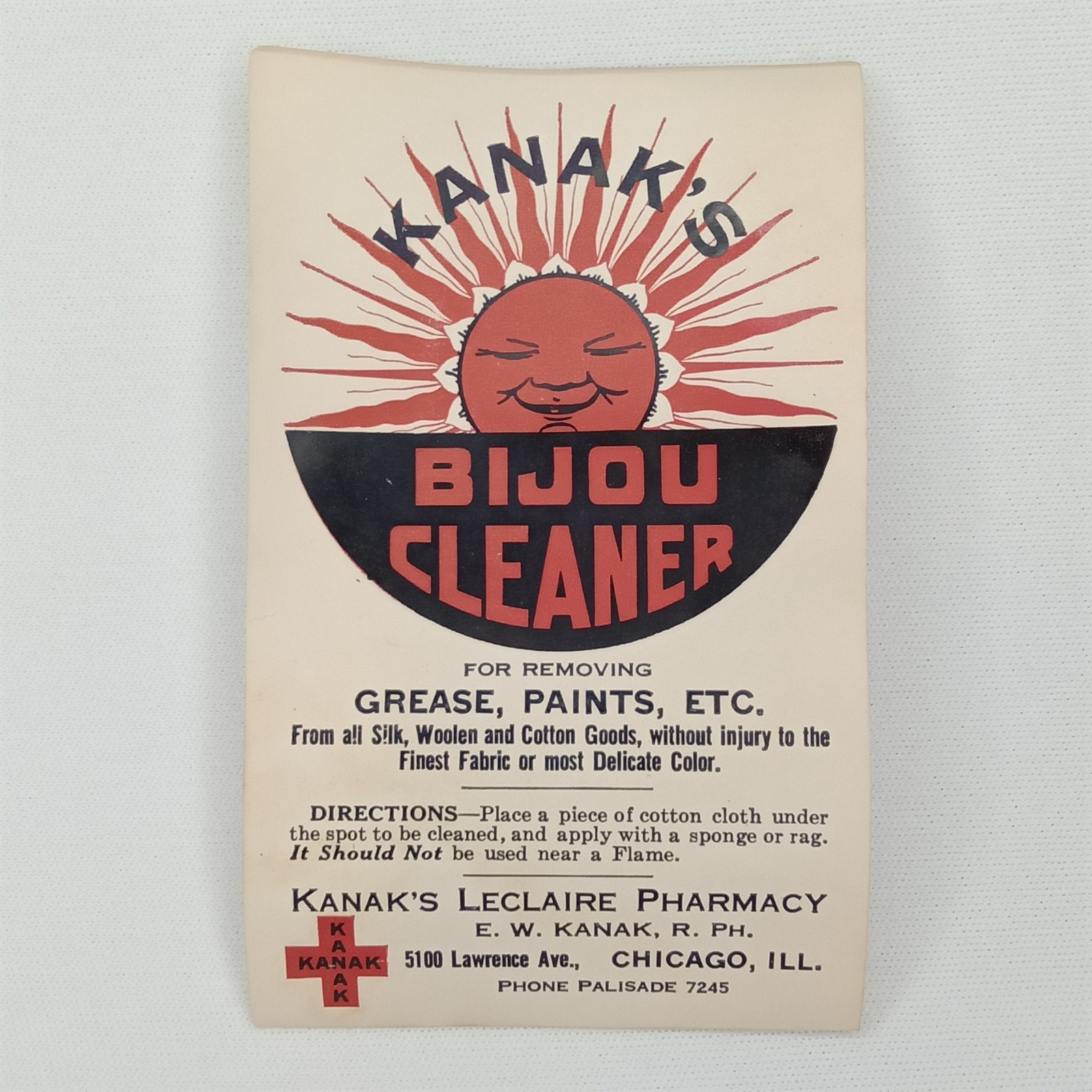 MCM Advertisement Anthropomorphic Sun Bijou Cleaner Kanak’s Pharmacy 1950s
