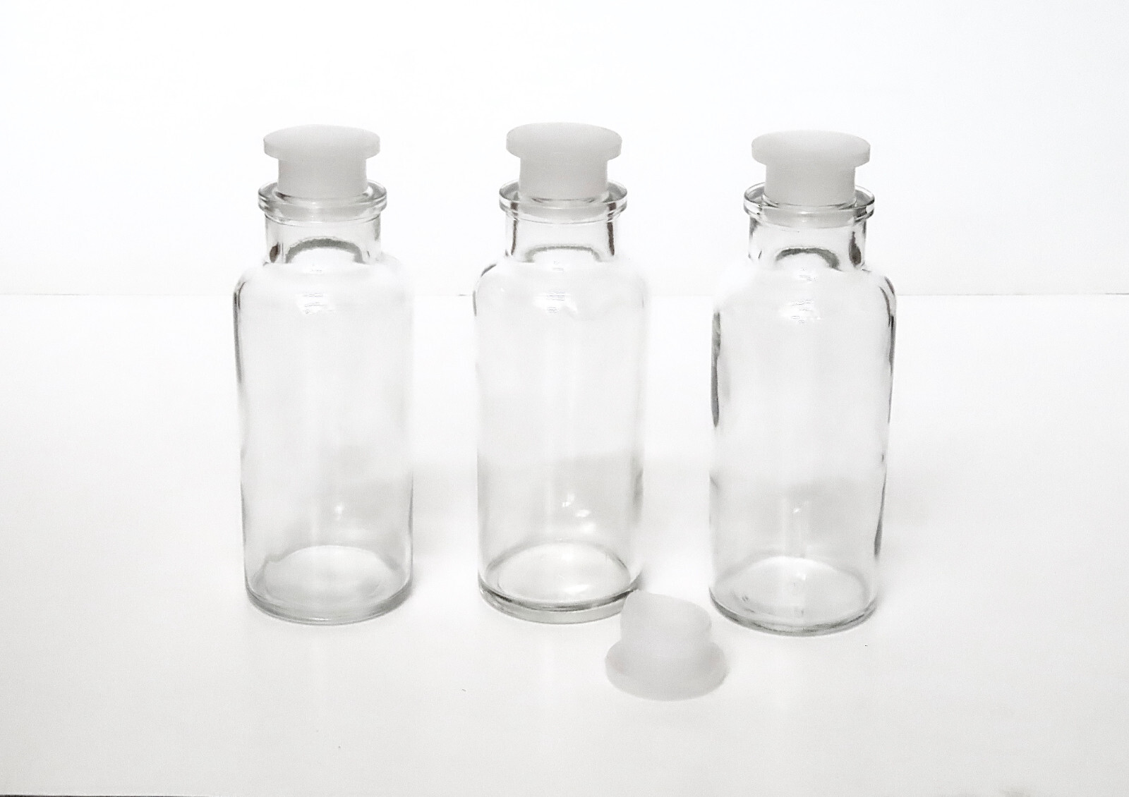 Lot of 3 Vintage Wheaton Glass Apothecary Bottles, Plastic Stoppers, 6 1/2” H