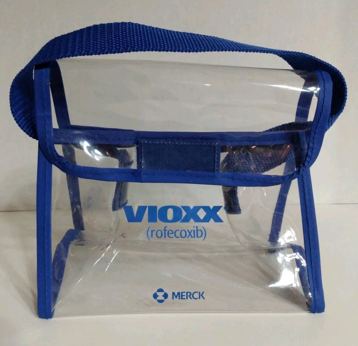 Vintage Vioxx Merck Plastic Vinyl Clear Bag Blue Hook And Loop Small Short Strap