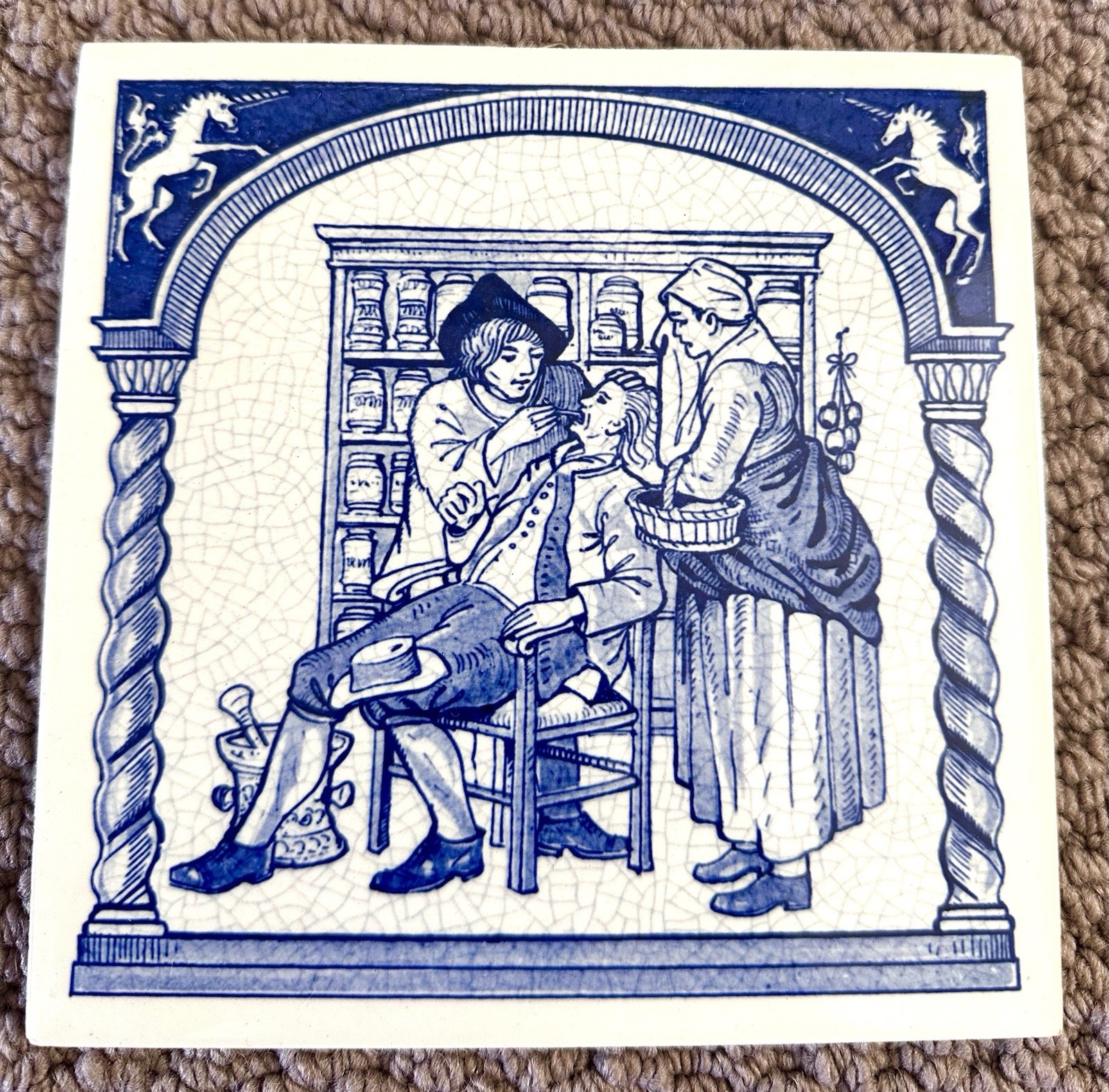Vintage Delft Holland Blue Hand Painted Porcelain Tile Early Woman Pharmacist