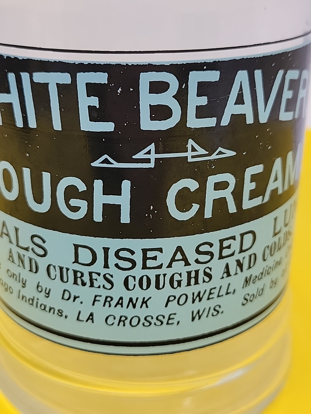 Vintage Glass Jar White Beaver’s Cough Cream Medicine Lacrosse WI Indians RARE