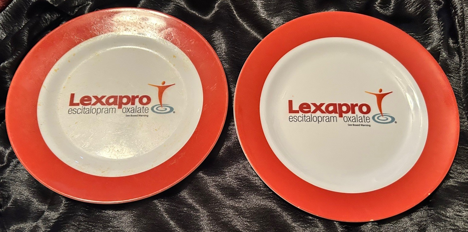 2 RARE LEXAPRO PHARMACEUTICAL MELAMINE PLATES MEDICAL ADVERTISING 10.5″ RX REP