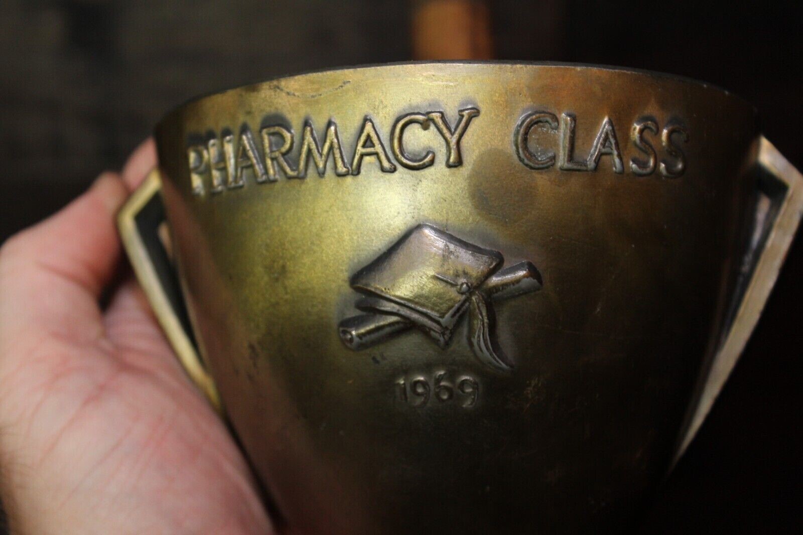 Vintage Brass Mortar Wood Pestle Secundum Artem Pharmacy Class 1969 Schering RX