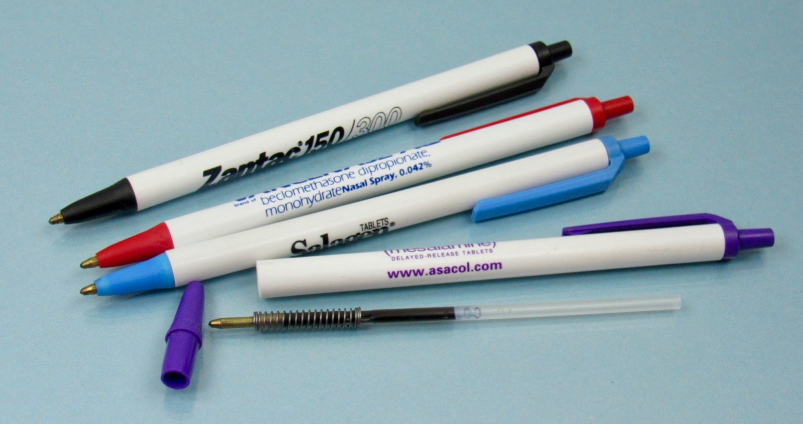 Lot of 4 BIC PENS Drug Rep Pharmaceutical Promo Asacol Salagen Vancenase Zantac