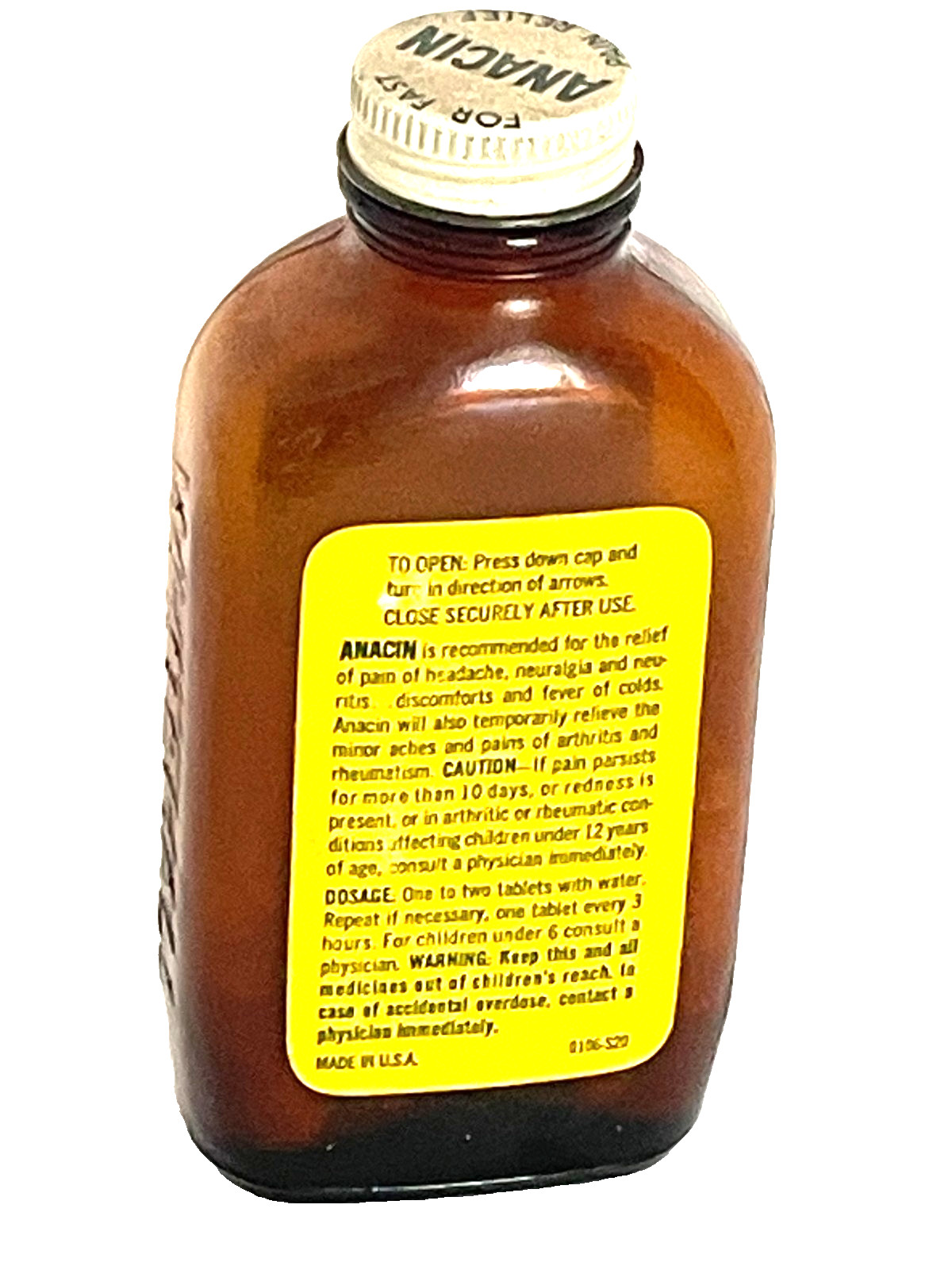 Vin. 1979 ANACIN Analgesic 200 Tablets Brown Glass Bottle Metal Cap, Paper Label