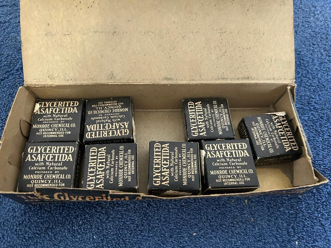 Vintage glycerited Asafoetida squares in original box w price tags in 1 lb box