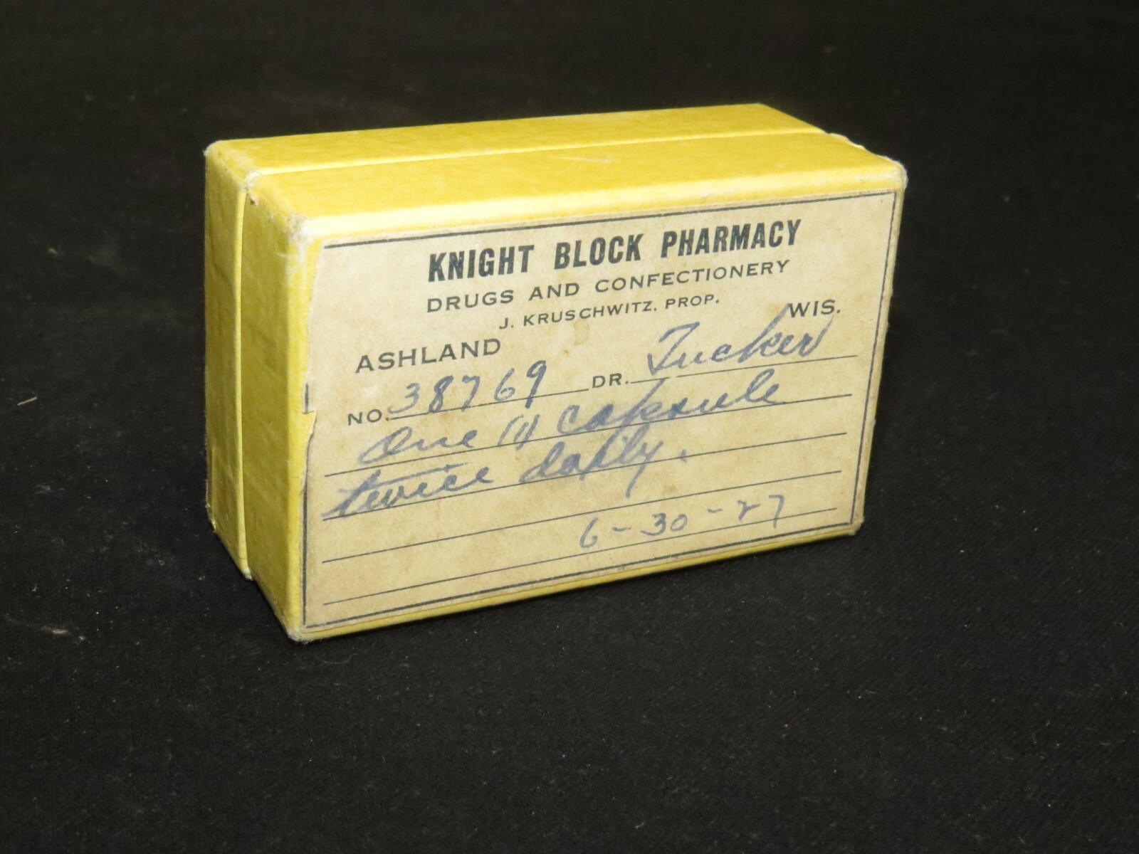 VINTAGE Prescription Cardboard Pill Box “Knight Block Pharmacy” Ashland, WI 1927
