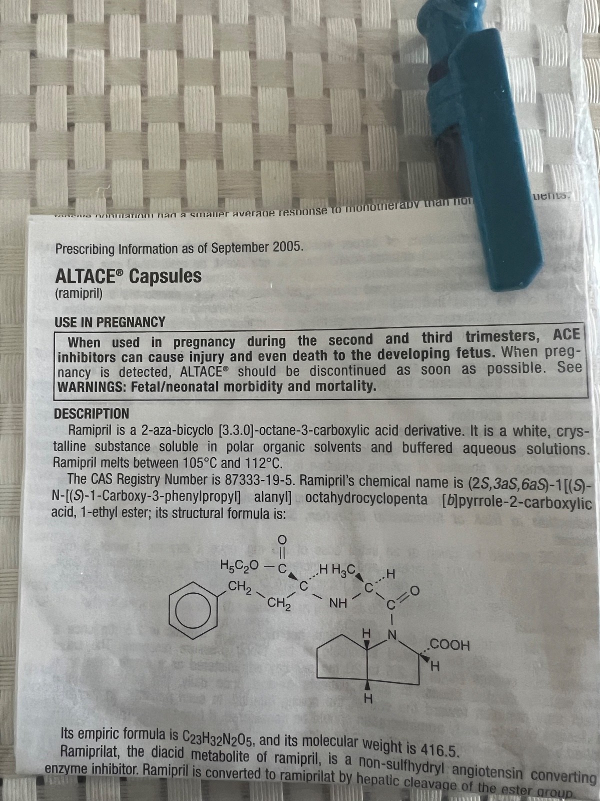 Drug Rep Pharmaceutical Memorabilia ALTACE Pen w/Info Sheet, NIP