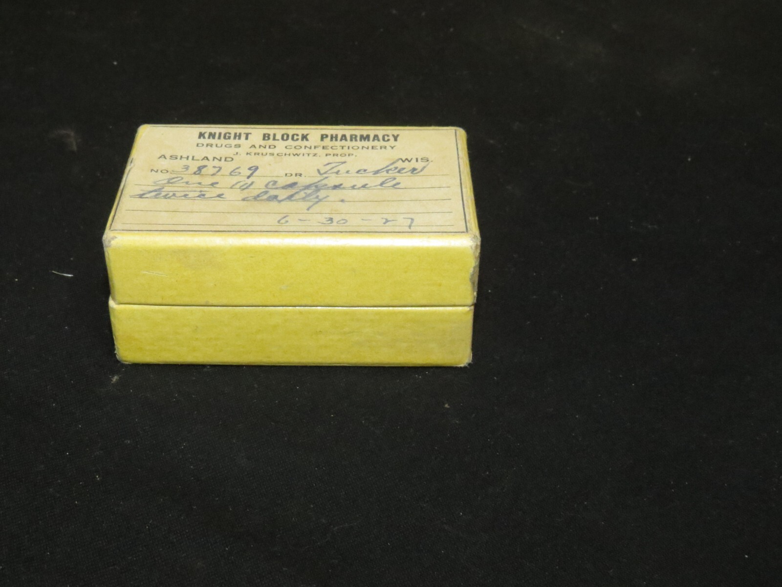 VINTAGE Prescription Cardboard Pill Box “Knight Block Pharmacy” Ashland, WI 1927