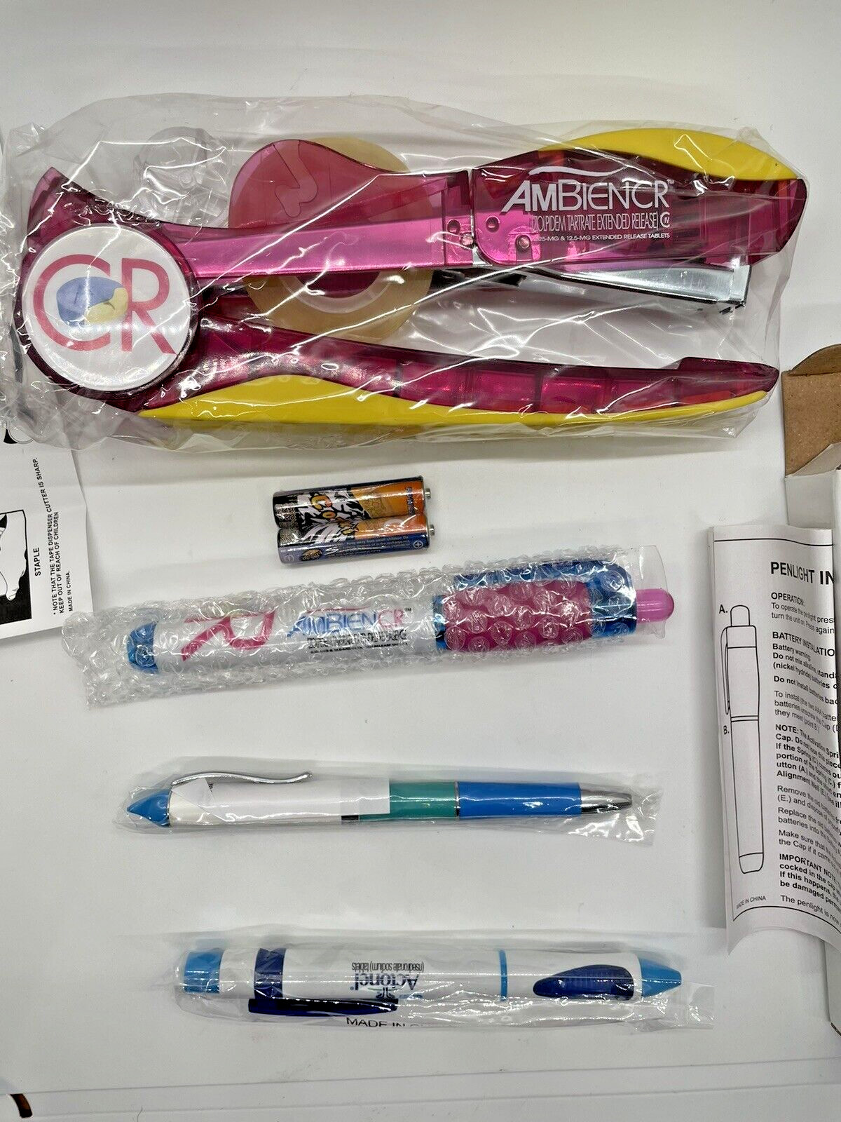Ambient CR Stapler Tape Dispenser Pen light NasacortAQ Actonel Ballpoints NOS