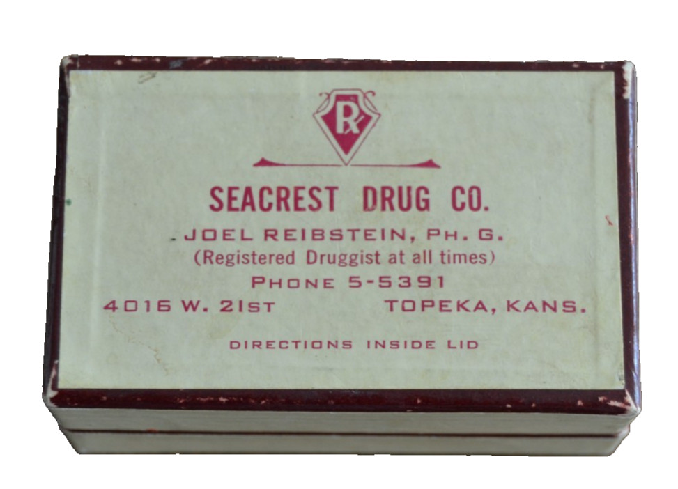 Vintage Topeka Kansas SEACREST Drug Co. Pharmacy Pill Prescription Box