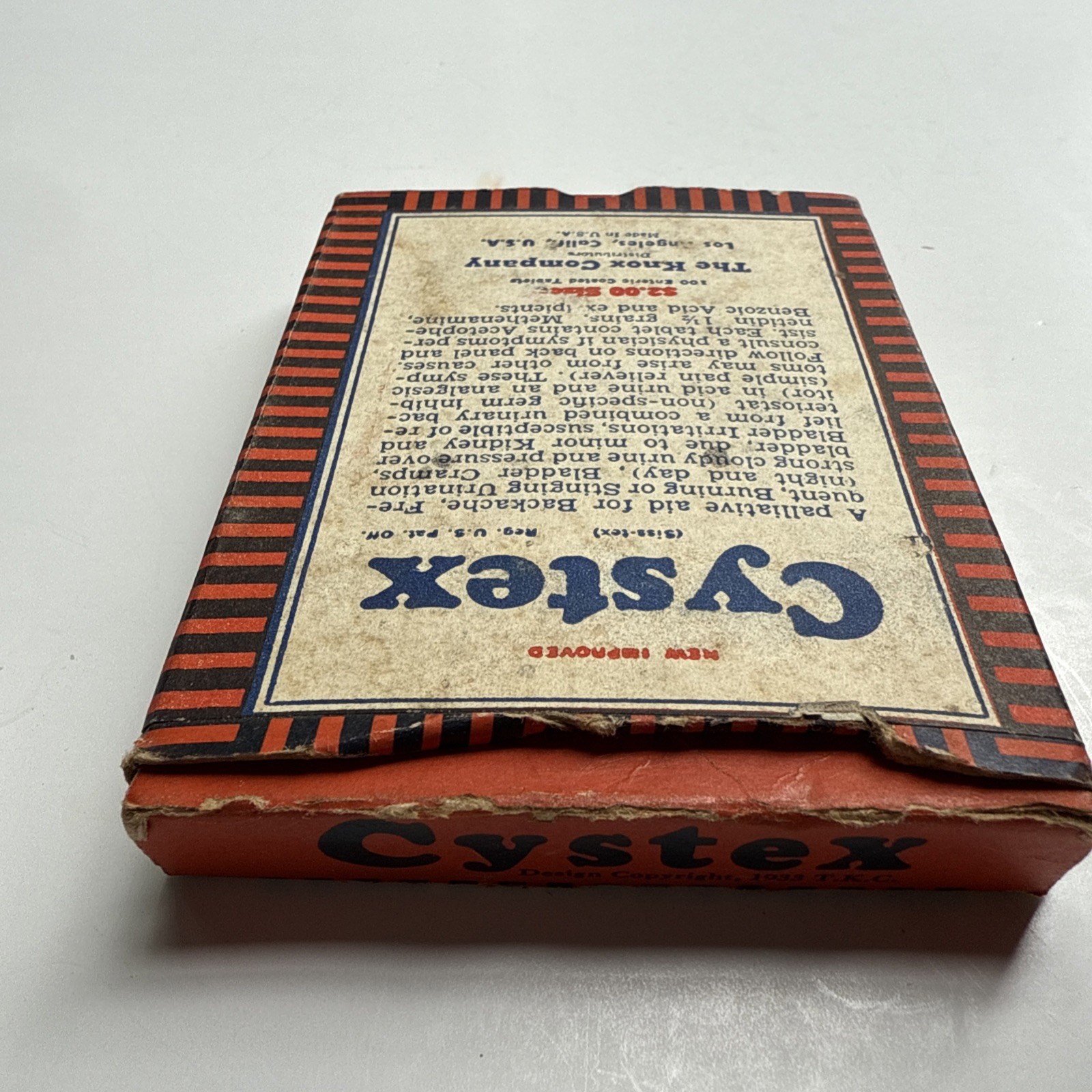 Vintage Cystex Pharmaceutical Pills Box Knox Co. CA $2 size 100 tablets – empty