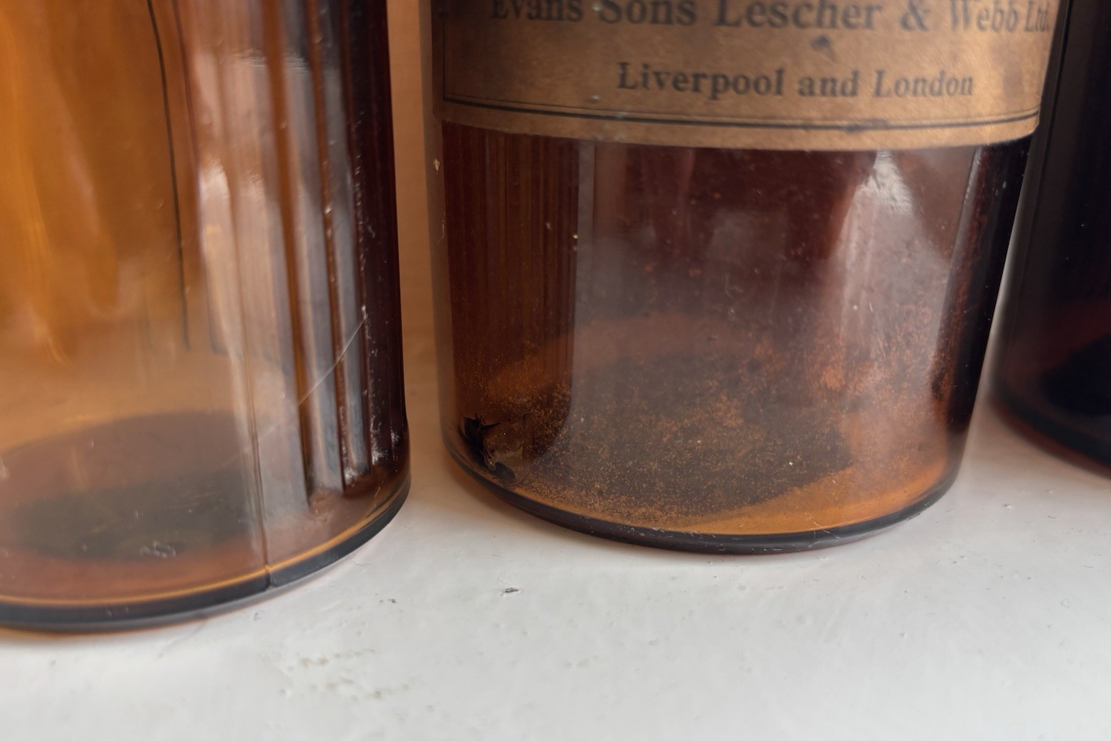 Three Antique Amber Glass Apothecary Medicine Bottles + Labels, Stopper & Cork
