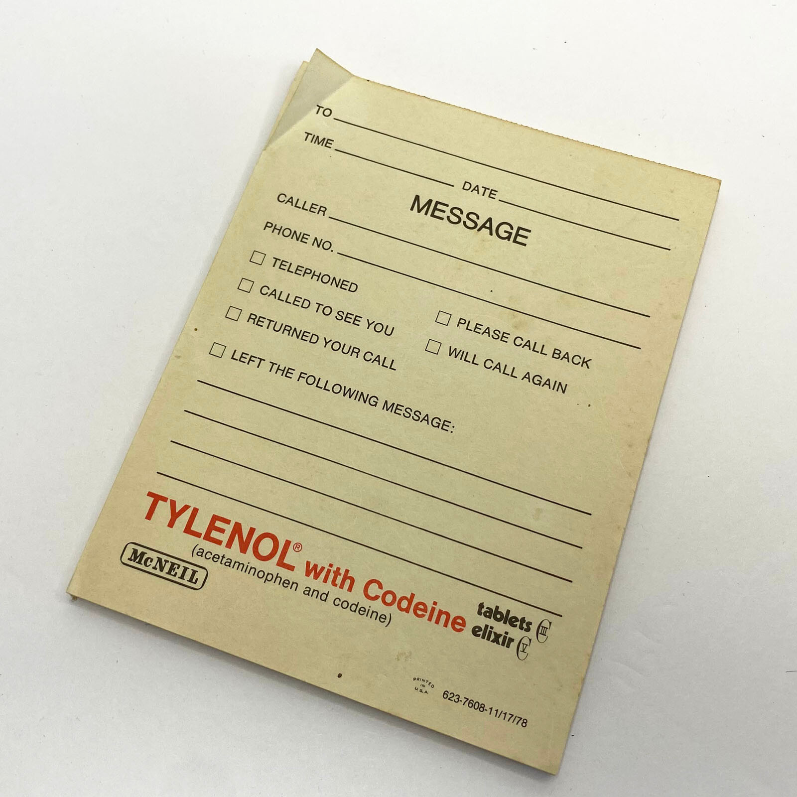 Vintage Pharmaceutical Tylenol Message Notepad 1978 McNeil Codeine