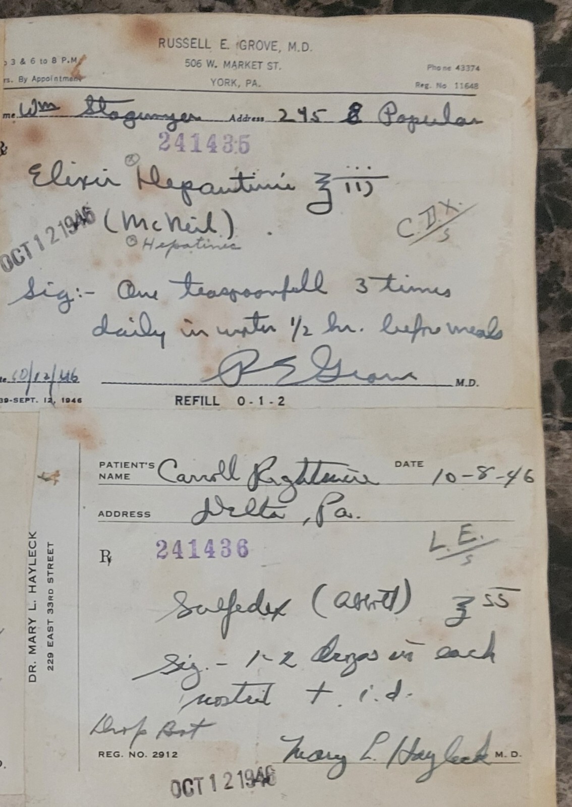 1946 2-sided Pharmacy Ledger Page – 20 vintage prescriptions – Sulfedex