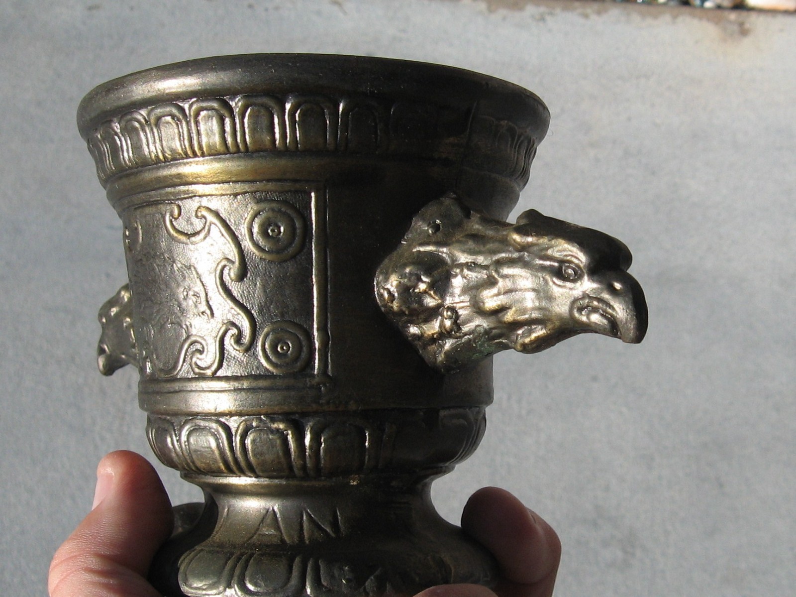 Apothecary VFOLAN- MDCL Mortar & Pestle- Brass Bronze Double Pheasant Heads