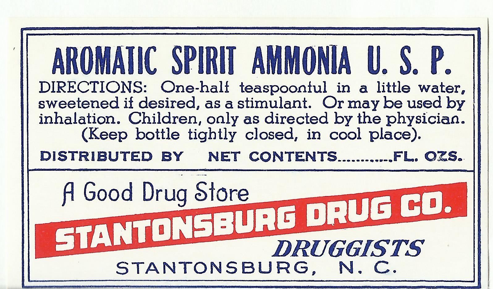 Vintage Pharmacy Label AROMATILC SPIRIT AMMONIA U.S.P. Statonsburg Drug Co N.C.