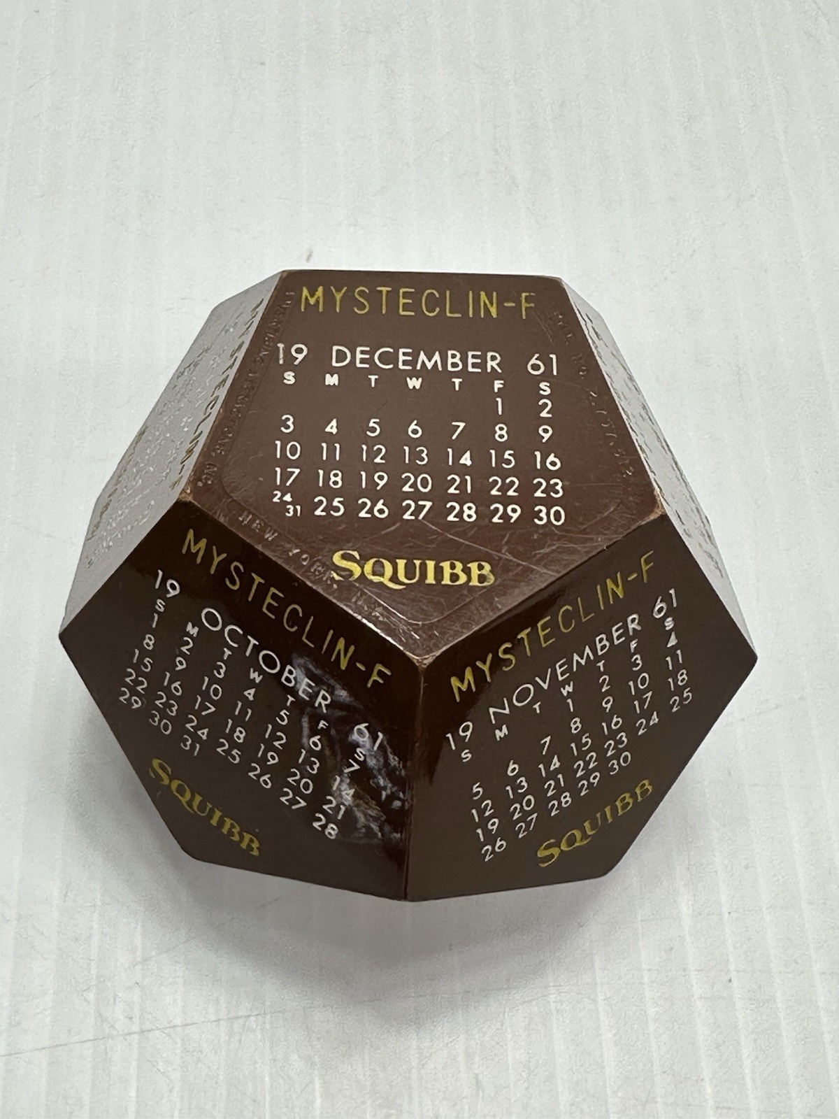 Vintage Advertising Squibb Mysteclin-F Medicine Paperweight Calendar 1961 Brown