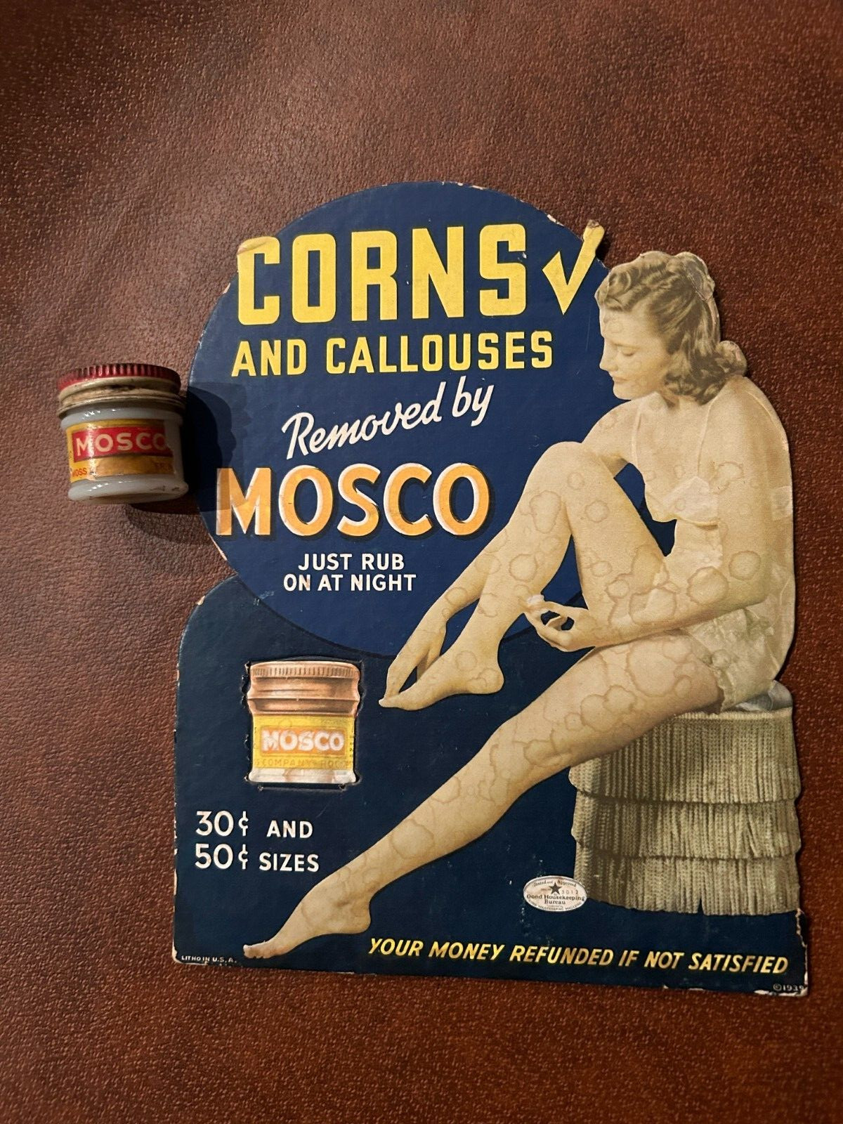 Vintage Mosco Corn Remover Store Dispay Advertisement & Unopened Vial 1939