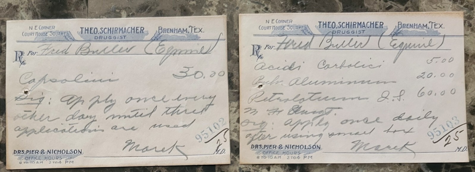 File box & 97 antique prescriptions (1911) – Dionin, Codeine, Infant Anodyne
