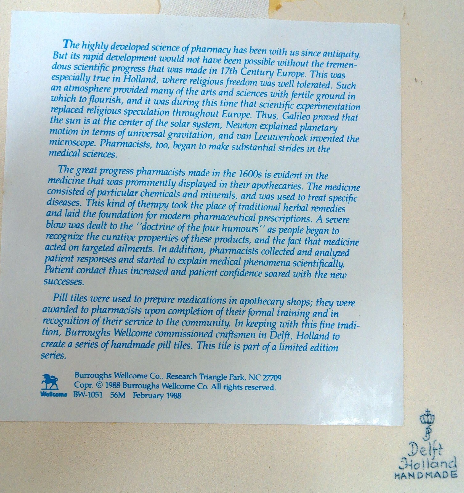 BURROUGHS WELLCOME CO. BLUE DELFT PHARMACY Apothecary Shop 6″x6″