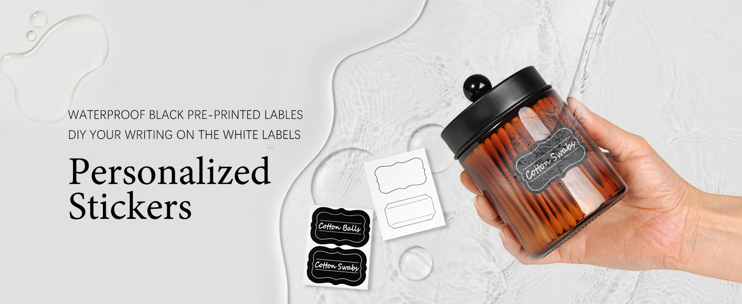 Amber Glass Qtip Holder, Apothecary Jars with Matte Black Metal Lid &