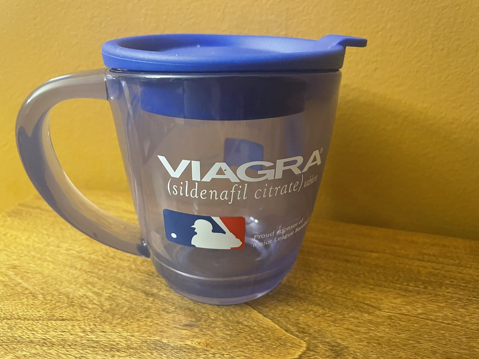 Viagra MLB Insulated Clear Blue Tinted Plastic Travel Coffee Mug Cup w/Lid Gift