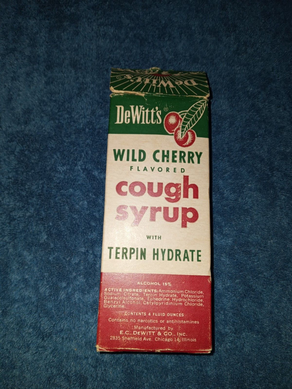 Vtg DeWitt’s Wild Cherry Flavored Box Paperwk Medicine Pharmacy Cough Syrup NOS