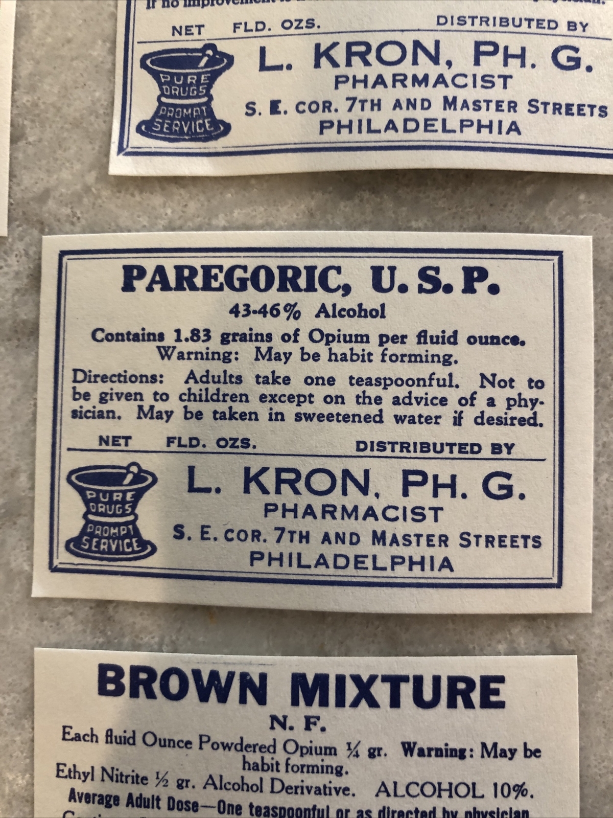 Lot 24 Antique Medicine Bottle Labels Opium, Poison – L. Kron Ph. G. Phila.