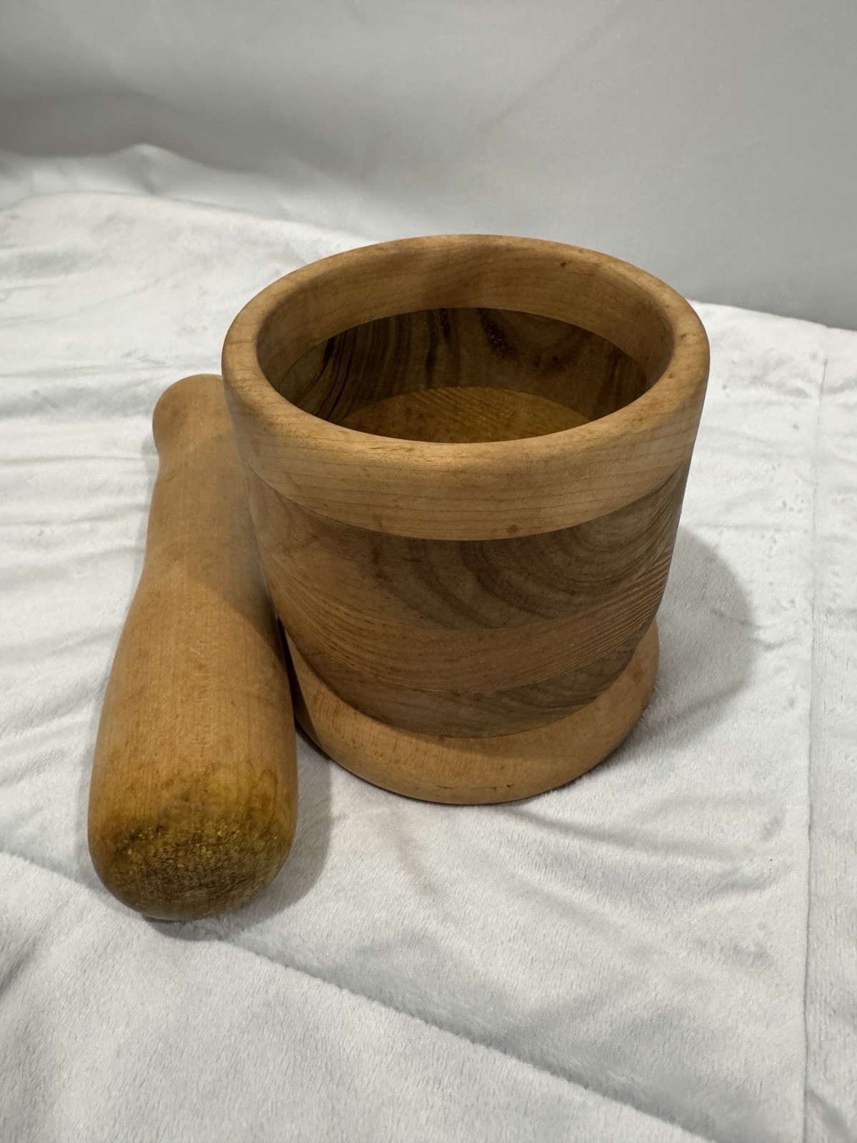 Vintage Hand Turned Wooden Mortar and Pestle Farmhouse Style 4.25×5”