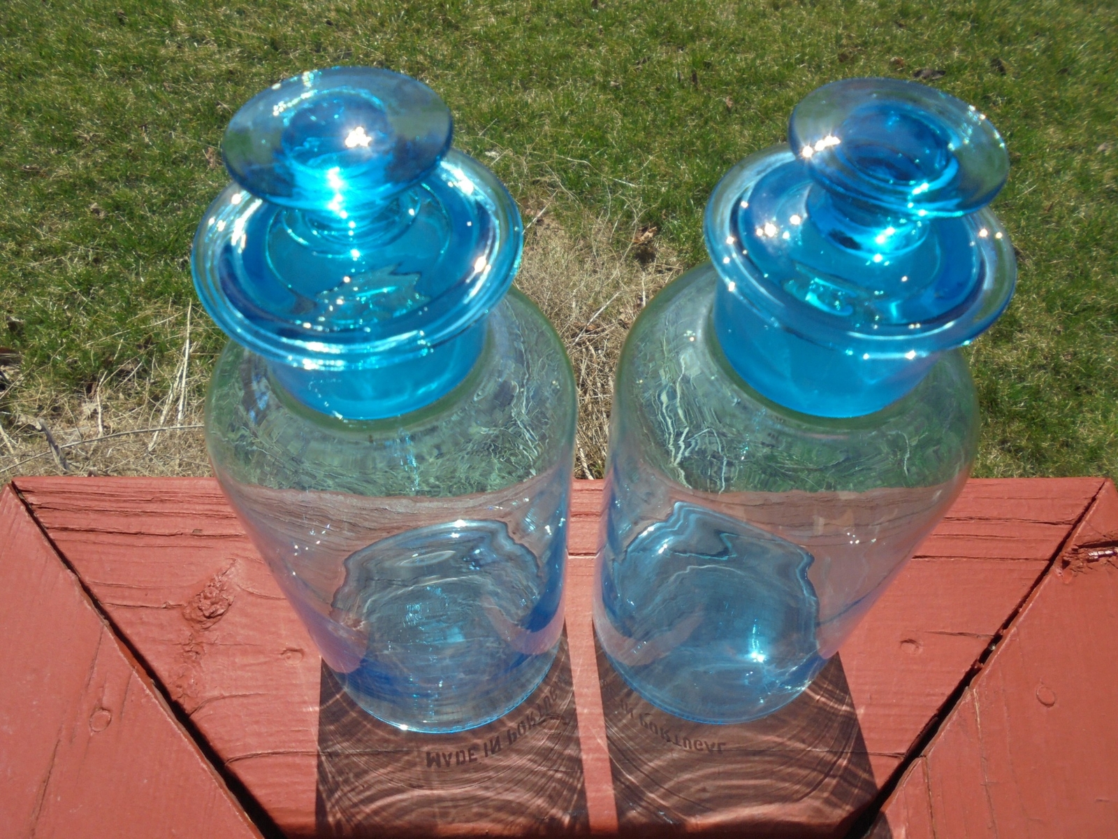 Pr Vintage Blue Glass Apothecary Jars Made in Portugal Ground Stoppers 8 3/8″