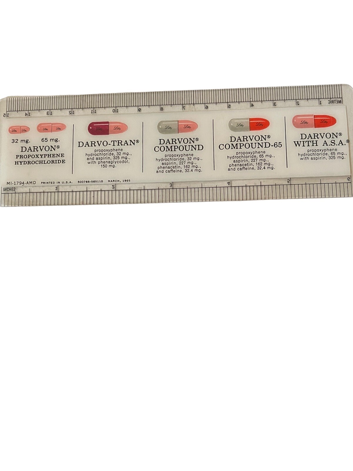 Lilly Promotional Ruler Vintage Darvocet-N Darvon Compound 65 cir 1965 USA
