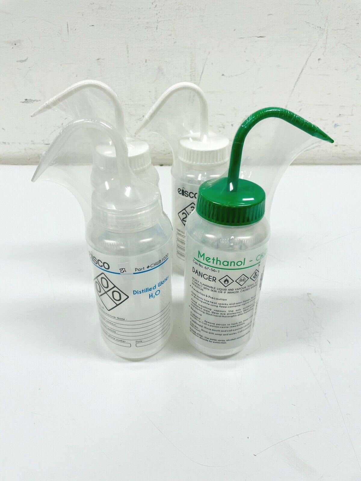 LOT OF 4 Eisco Wash Bottles Distilled Water, Methanol, Ethanol (2) WIDE MOUTH