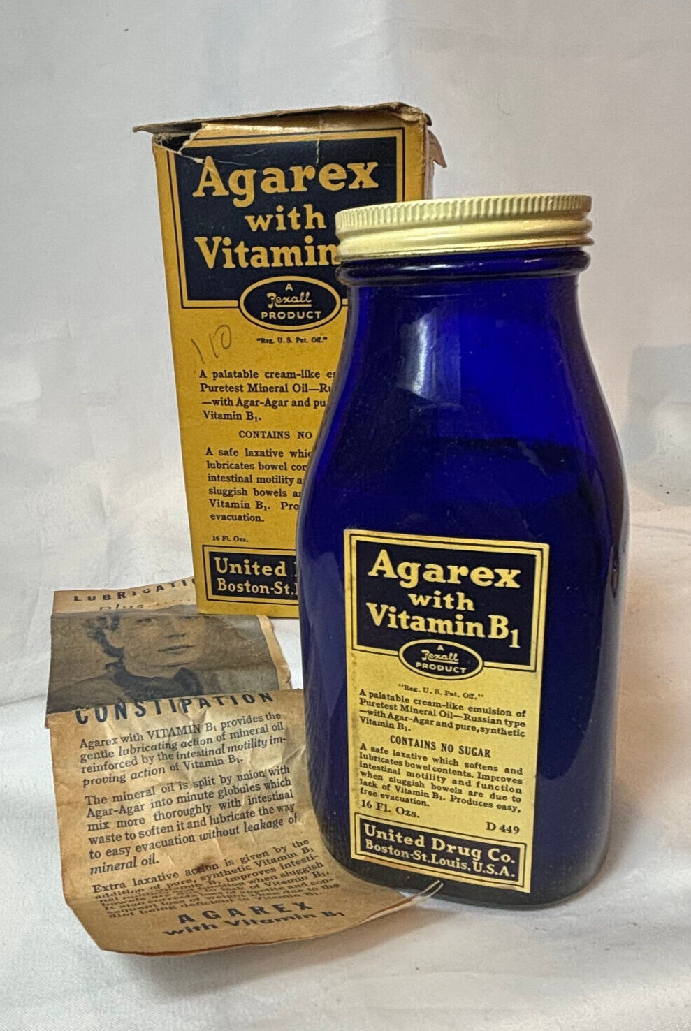 Vtg Agarex W/ Vitamin B1 16oz Cobalt Blue Bottle In Box Rexall Drug Stores