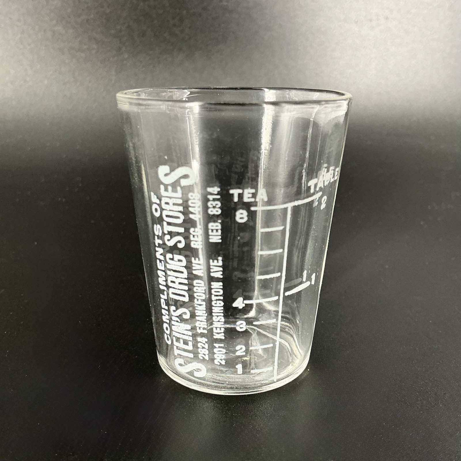 Advertising Medicine Dosing Cup Glass Stein’s Drug Stores Philadelphia PA