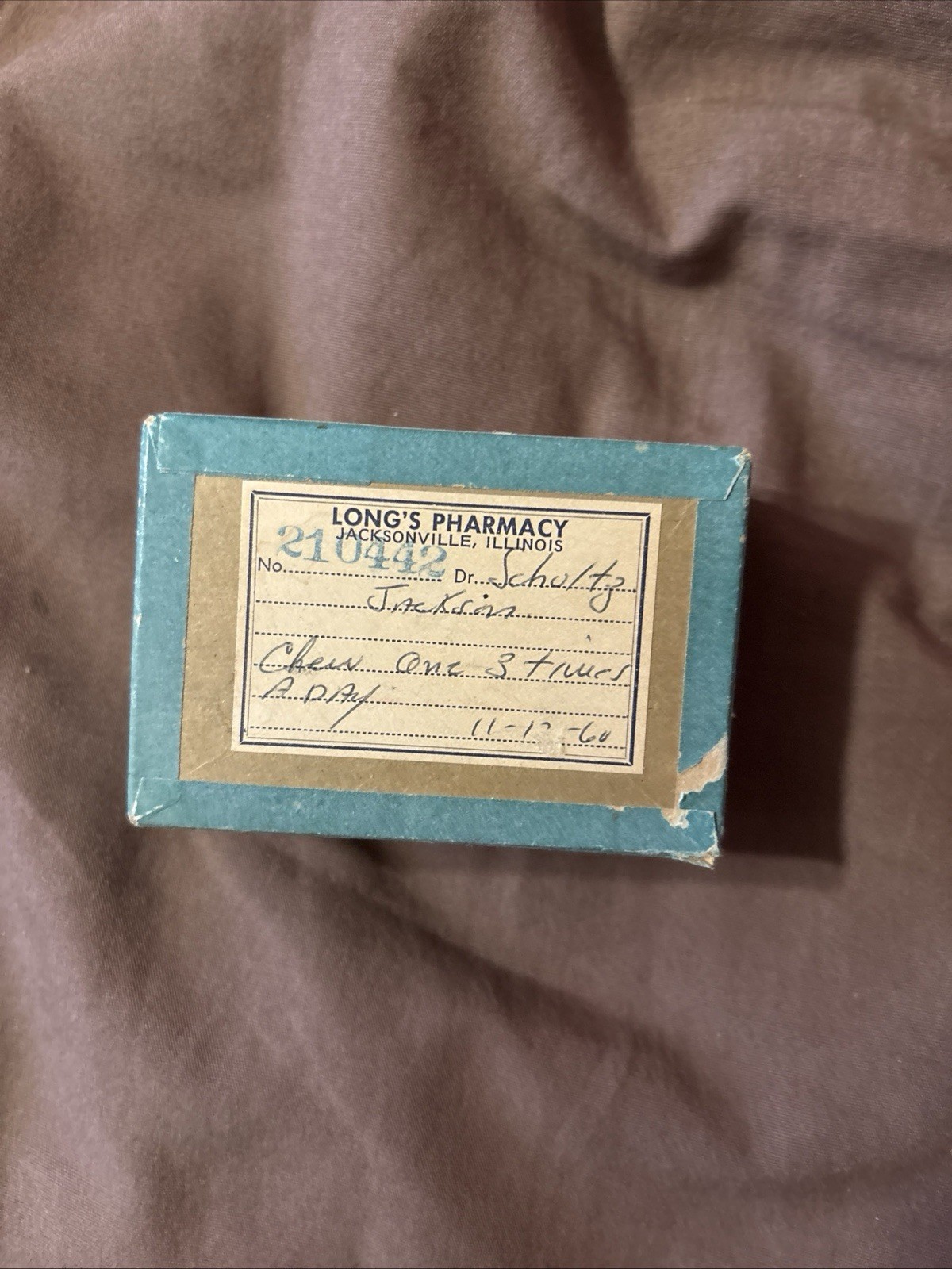 Vintage Long’s RX Medicine Prescription Pill Box With Pharmacy Label & Gum 1960
