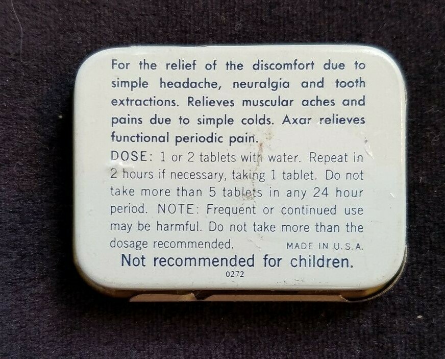 Old Advertising Pain Medicine Tin AXAR McKesson Robbins NY Bridgeport CT Tooth